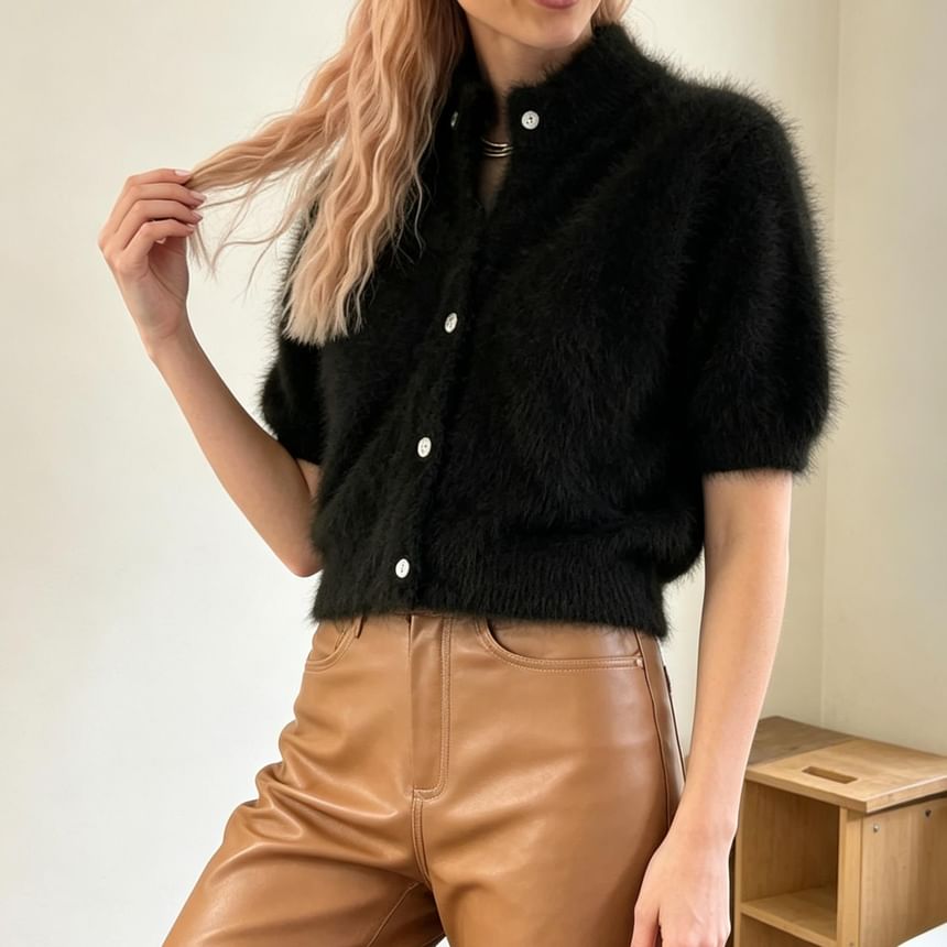 Puff Short-Sleeve Mock Neck Plain Fluffy Button Up Knit Top