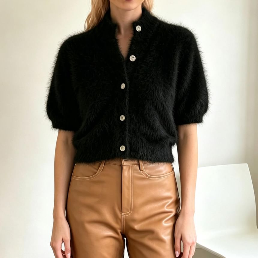 Puff Short-Sleeve Mock Neck Plain Fluffy Button Up Knit Top
