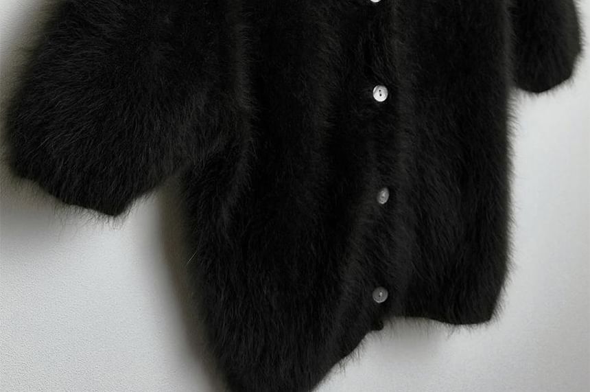 Puff Short-Sleeve Mock Neck Plain Fluffy Button Up Knit Top
