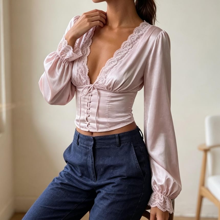 Long-Sleeve V-Neck Plain Lace Trim Crop Top