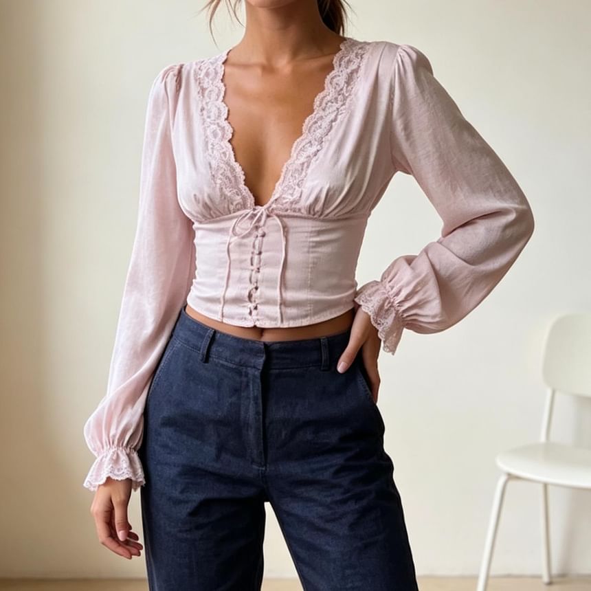 Long-Sleeve V-Neck Plain Lace Trim Crop Top