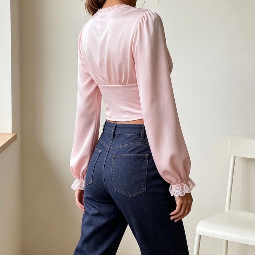 Long-Sleeve V-Neck Plain Lace Trim Crop Top