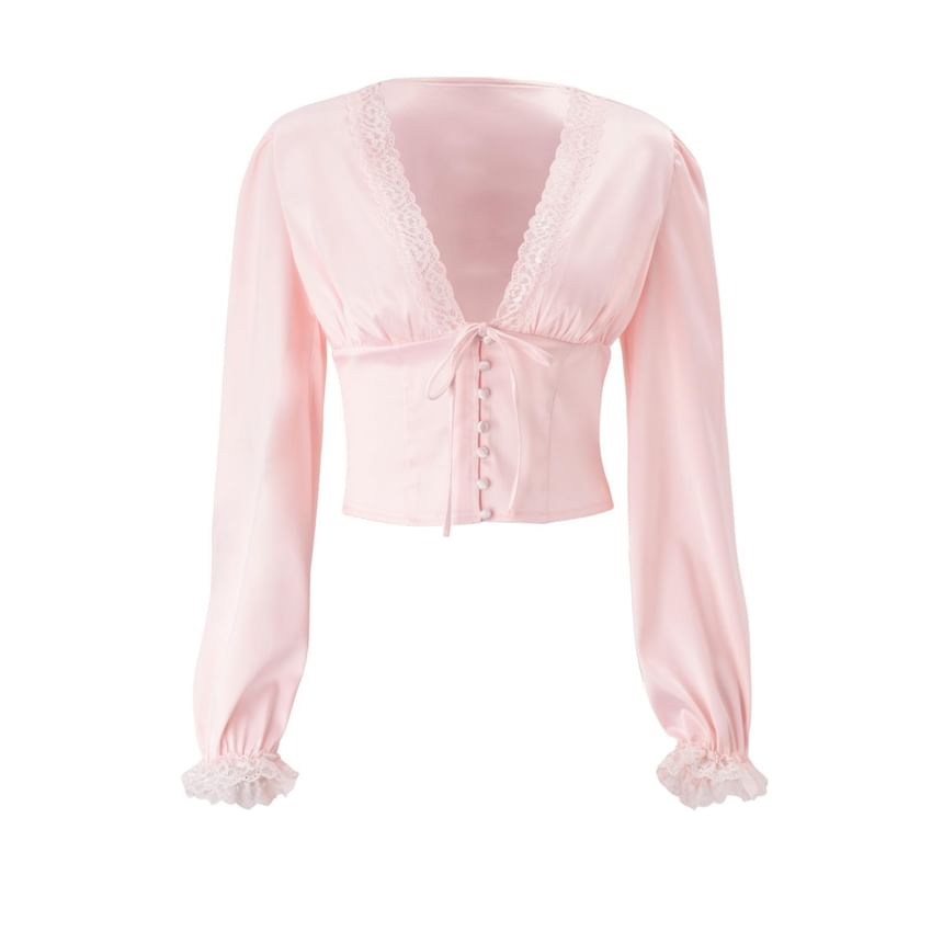Long-Sleeve V-Neck Plain Lace Trim Crop Top