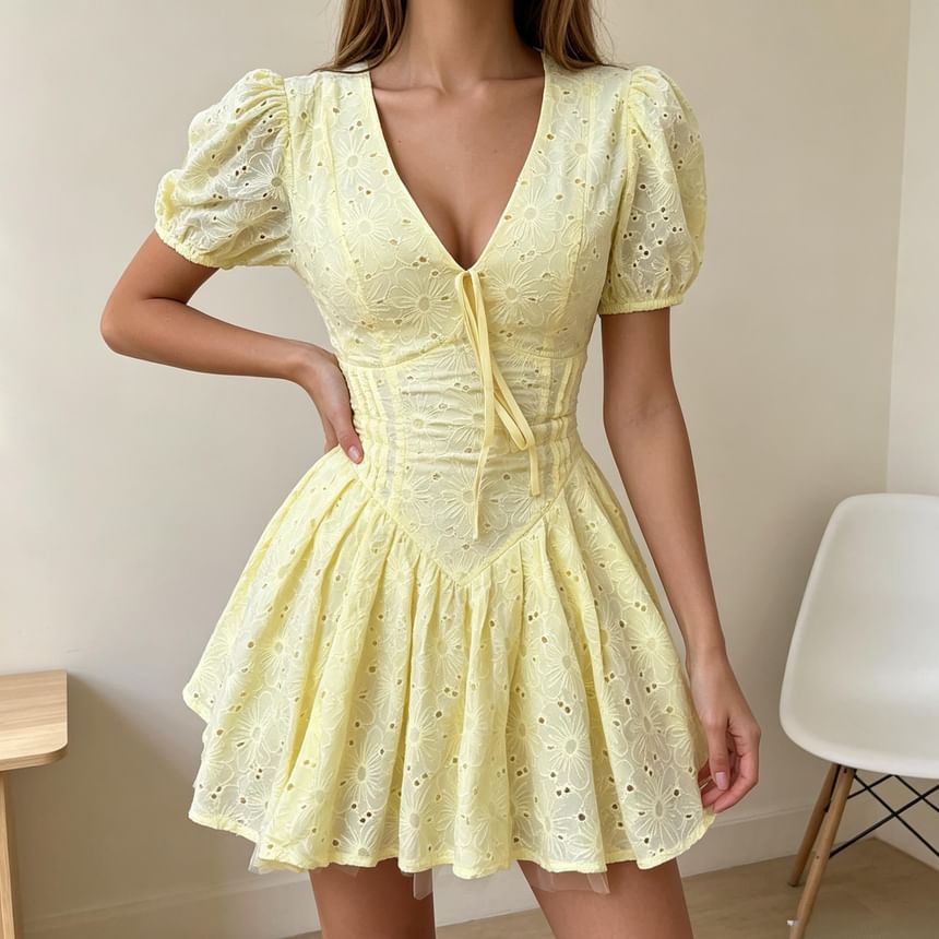 Puff Short-Sleeve V-Neck Floral Embroidered Mini A-Line Dress