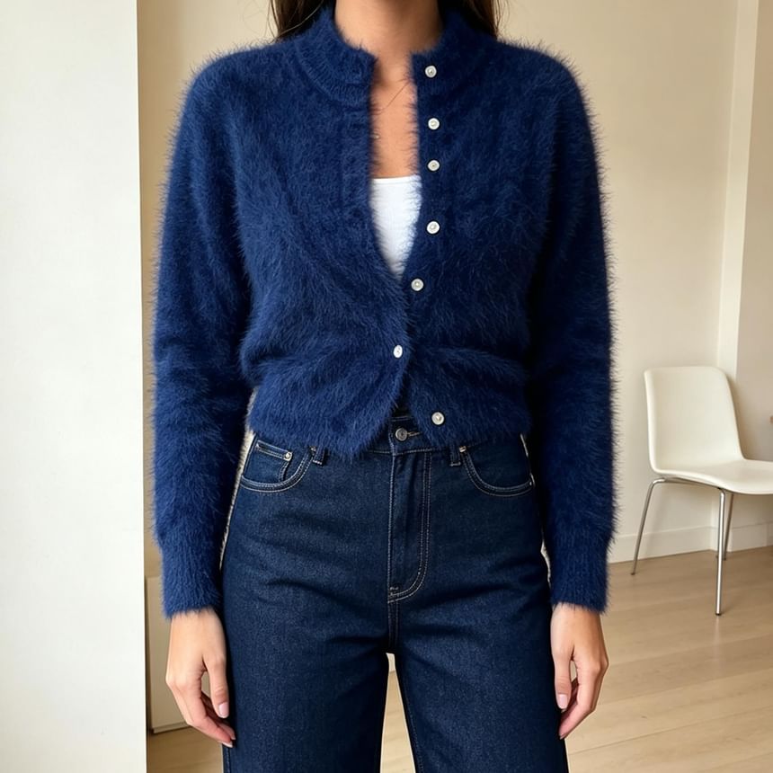 Mock Neck Plain Fluffy Button Up Knit Cardigan