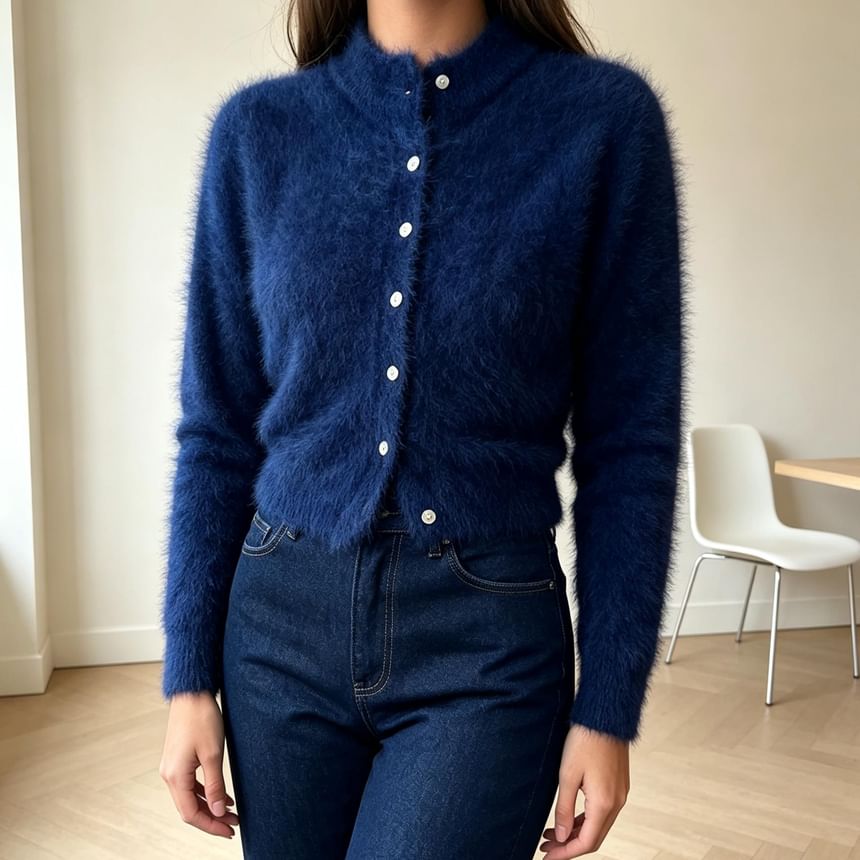 Mock Neck Plain Fluffy Button Up Knit Cardigan