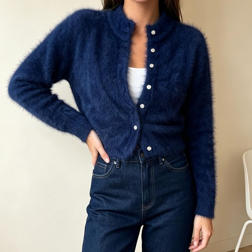 Mock Neck Plain Fluffy Button Up Knit Cardigan