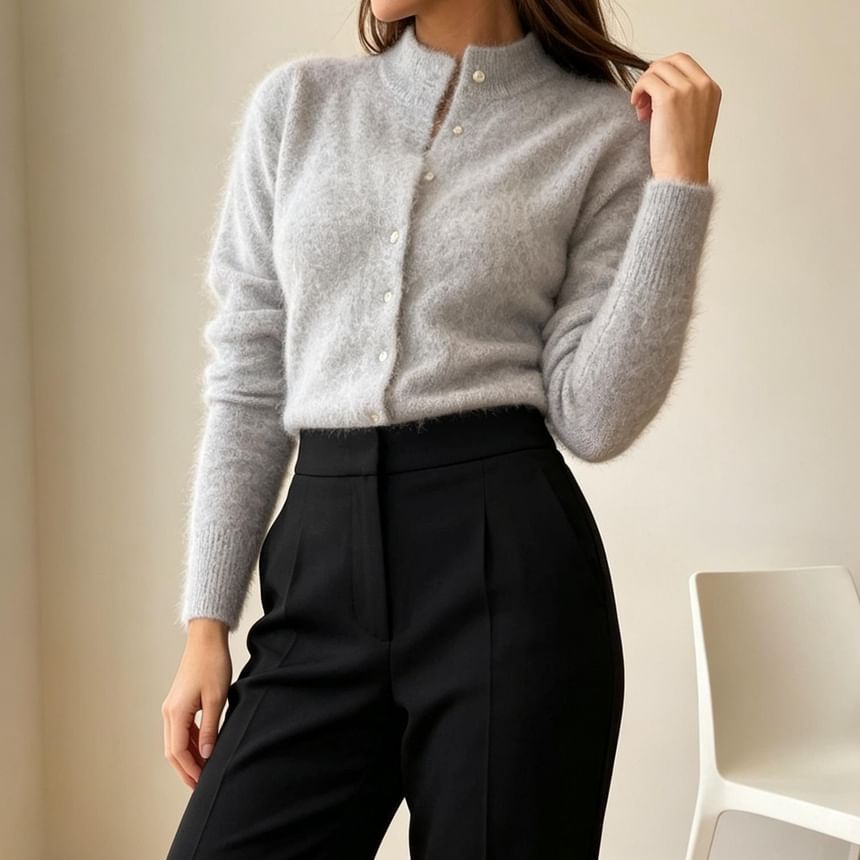 Mock Neck Plain Fluffy Button Up Knit Cardigan