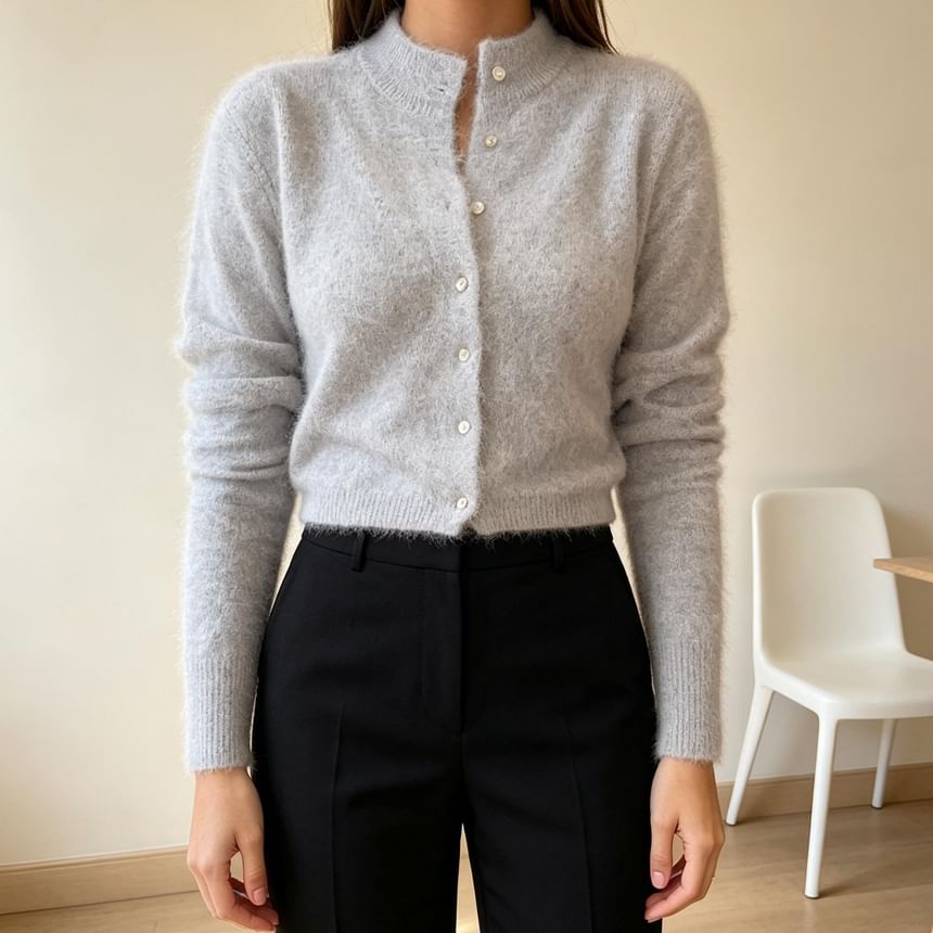 Mock Neck Plain Fluffy Button Up Knit Cardigan