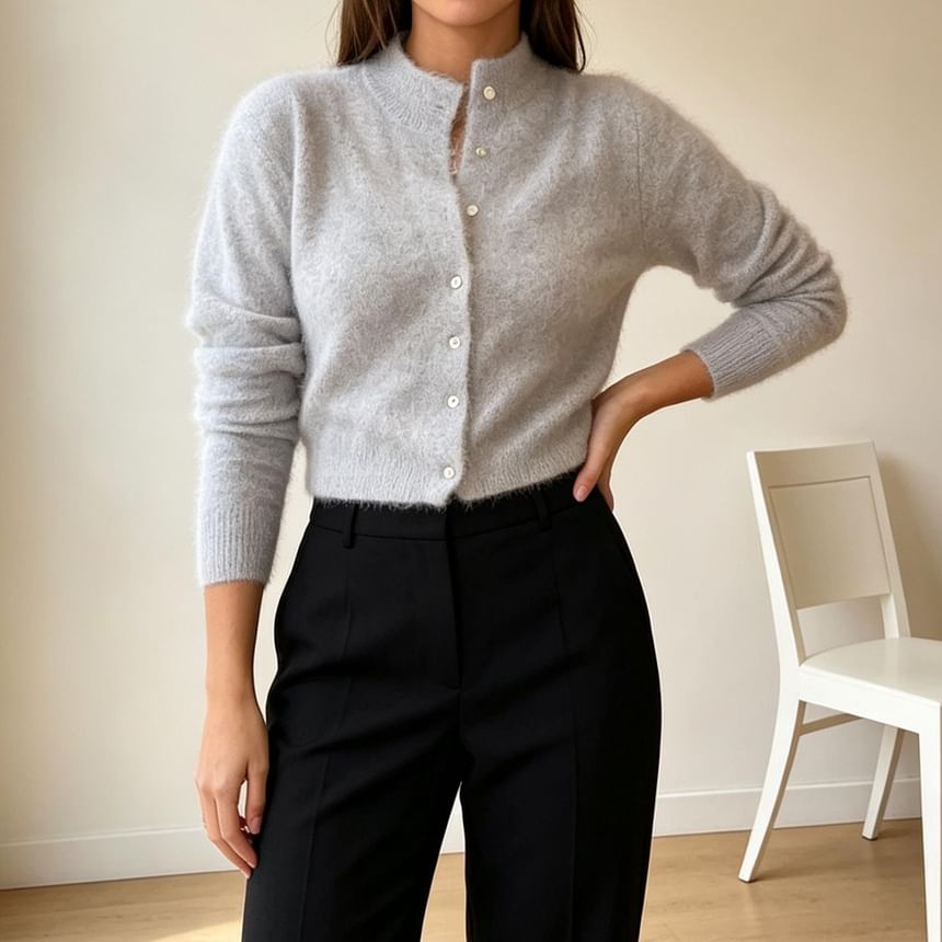 Mock Neck Plain Fluffy Button Up Knit Cardigan