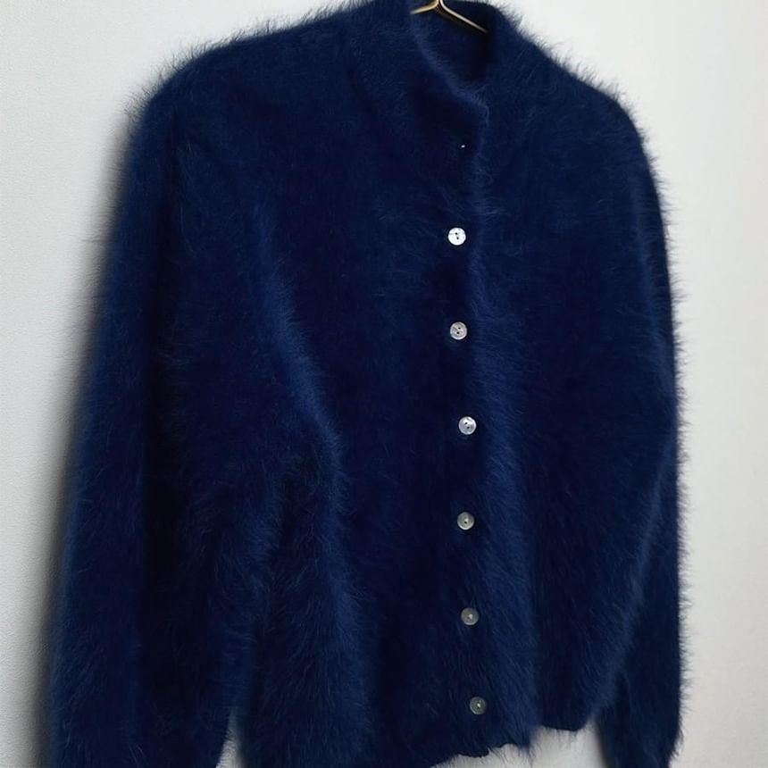 Mock Neck Plain Fluffy Button Up Knit Cardigan