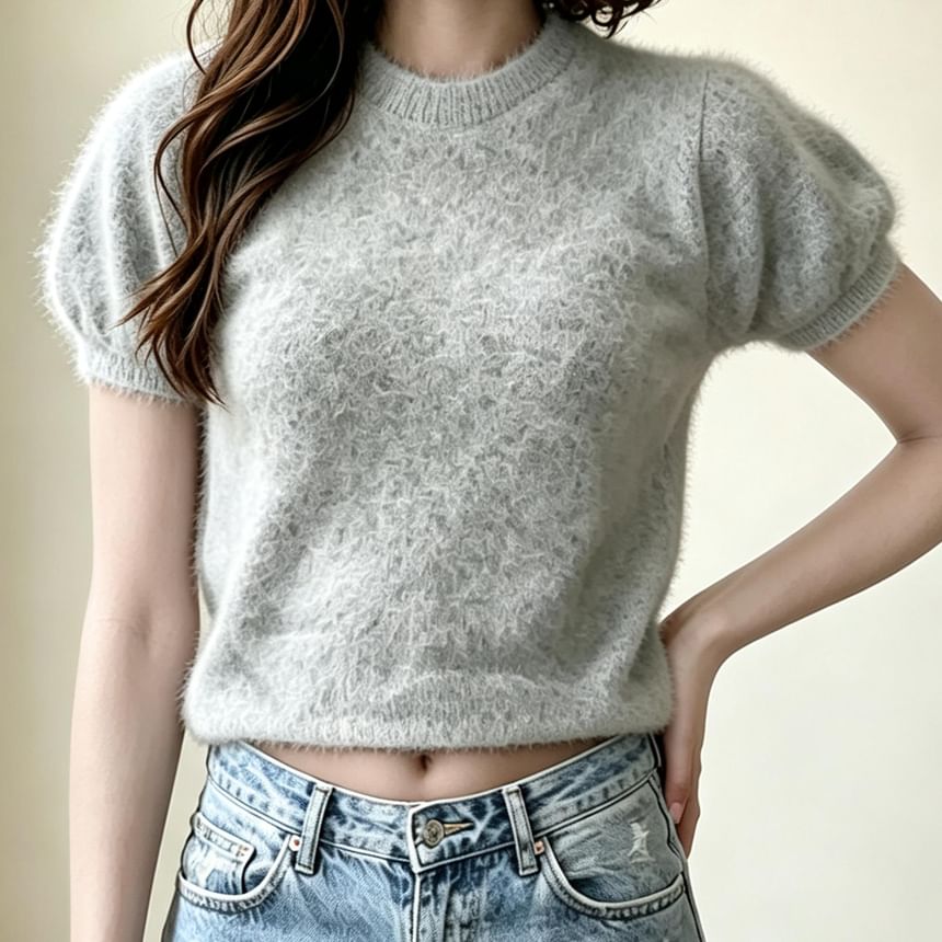 Short Sleeve Crew Neck Plain Fuzzy Crop Knit Top