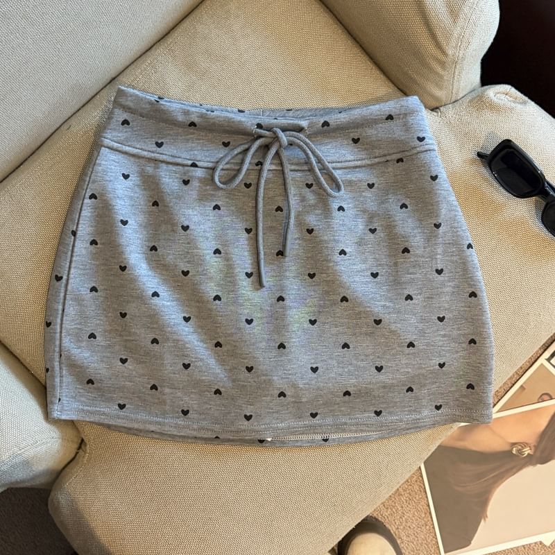 Drawstring Waist Heart Print Mini Pencil Skirt