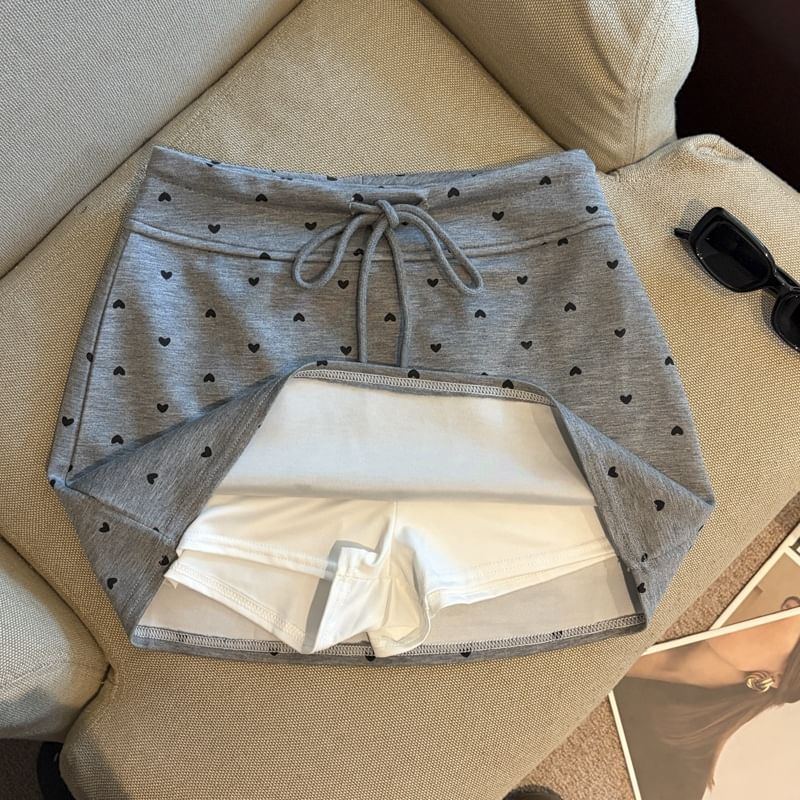 Drawstring Waist Heart Print Mini Pencil Skirt