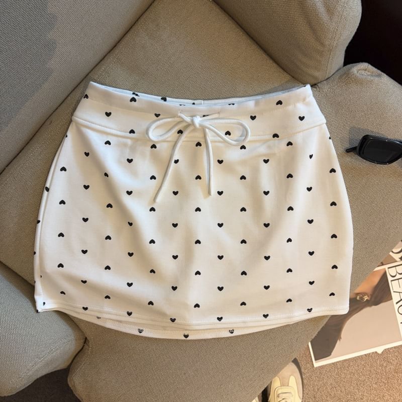 Drawstring Waist Heart Print Mini Pencil Skirt