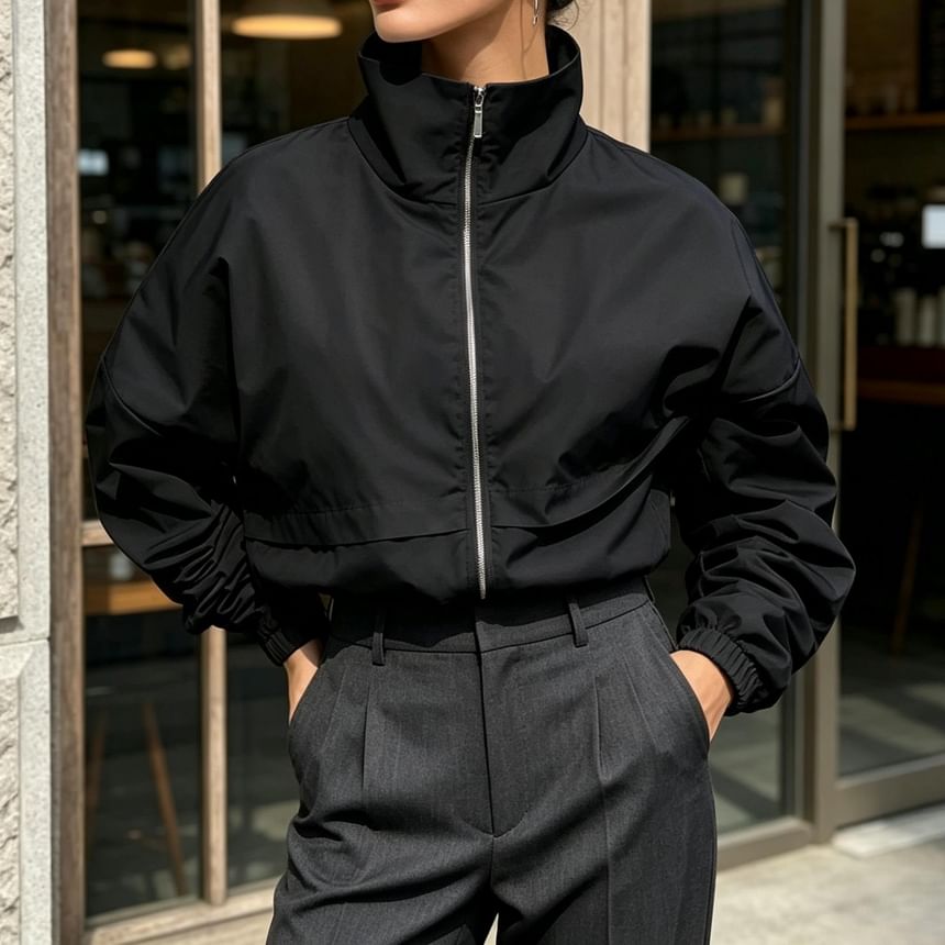 High Neck Zip-Up Plain Windbreaker