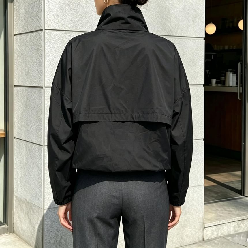 High Neck Zip-Up Plain Windbreaker
