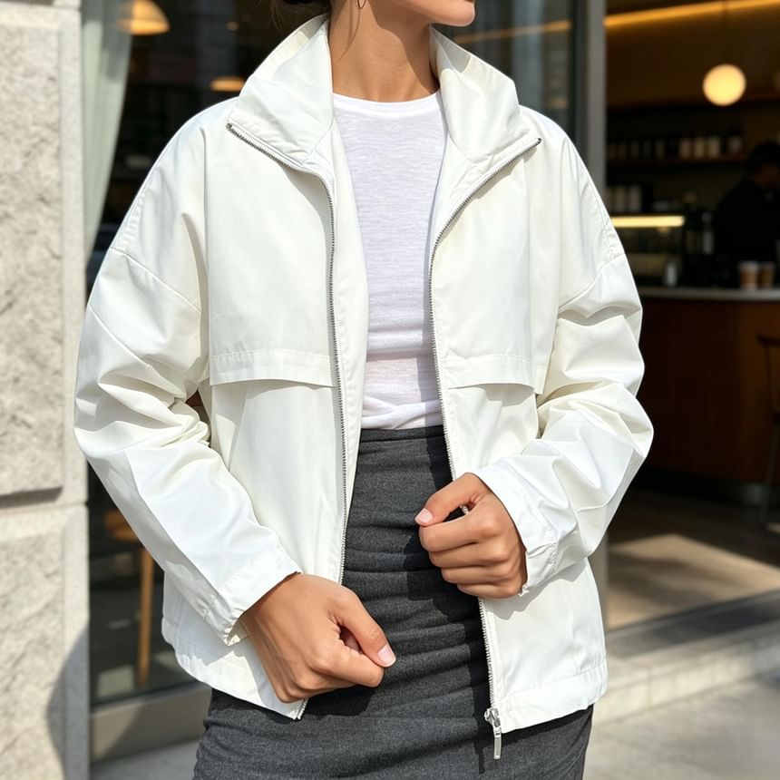 High Neck Zip-Up Plain Windbreaker
