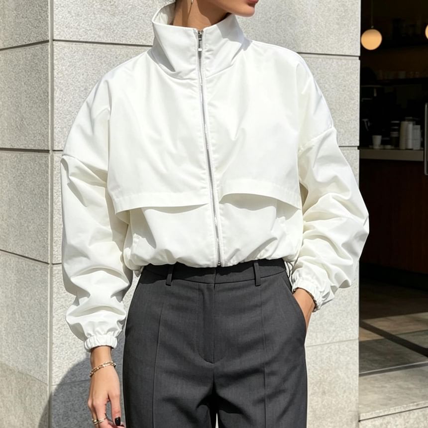 High Neck Zip-Up Plain Windbreaker