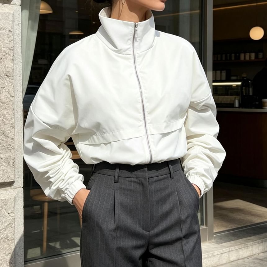 High Neck Zip-Up Plain Windbreaker