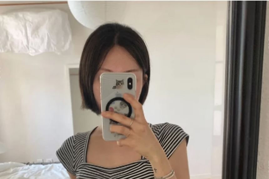 Cap-Sleeve Square Neck Striped Crop Top